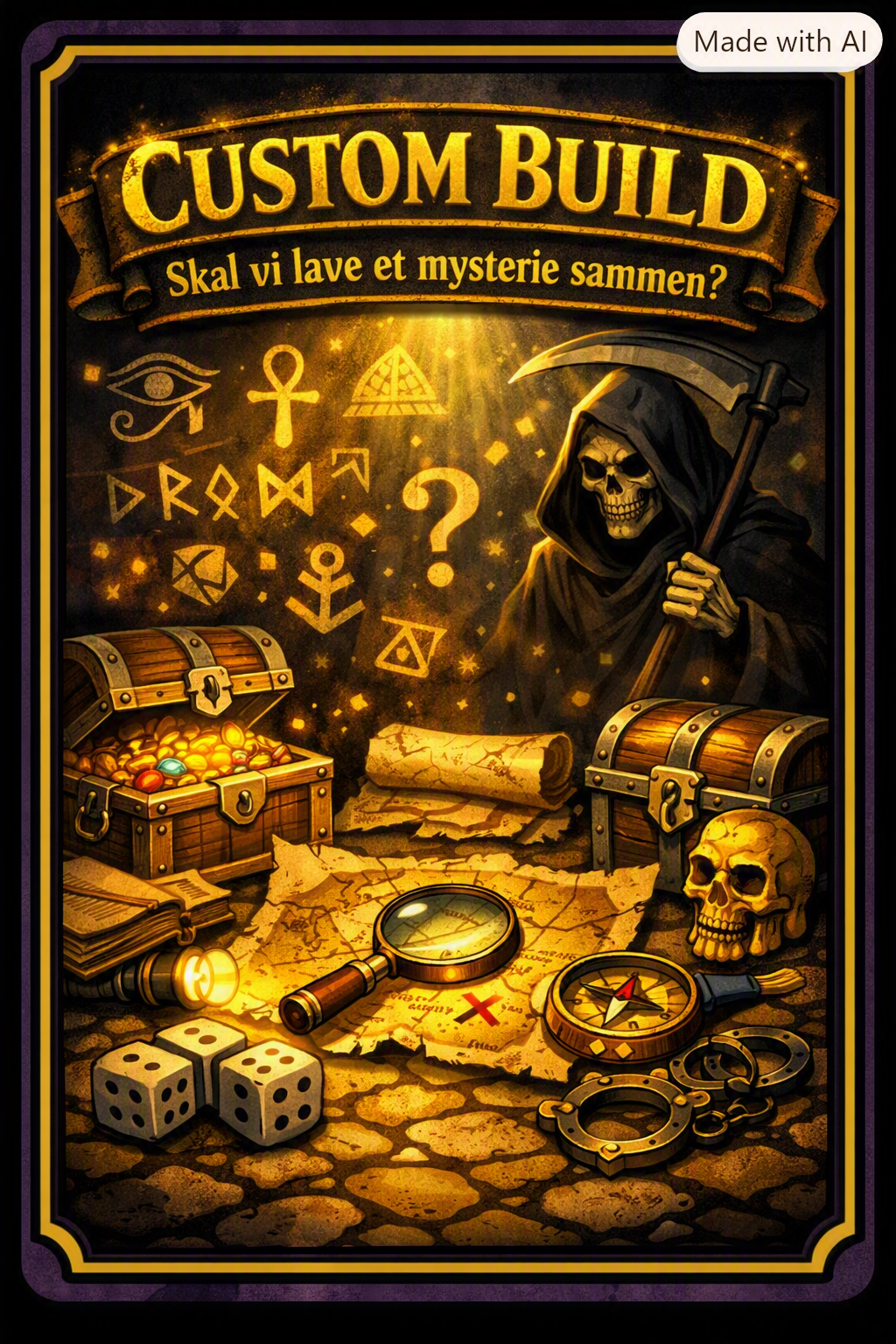 Skræddersyet mysterium – illustration med skattekiste, gammelt kort og lygte