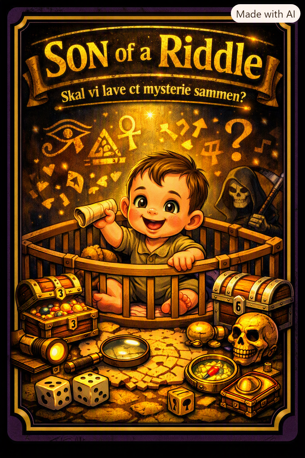 SON OF RIDDLE-tema – illustration af en baby med gamle symboler og en skattekiste